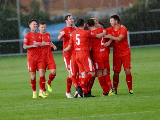 Seaford Town celebrate their second goal