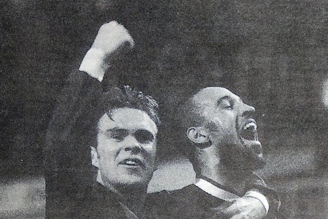 Posh went on to win promotion under Barry Fry in the 1999-2000 season after a late Jason Lee goal had secured a 1-0 win over Cobblers in January, 2000 just weeks after a record 0-5 home defeat at the hands of Rotherham on Boxing Day. Lee is pictured celebrating with Ritchie Hanlon.