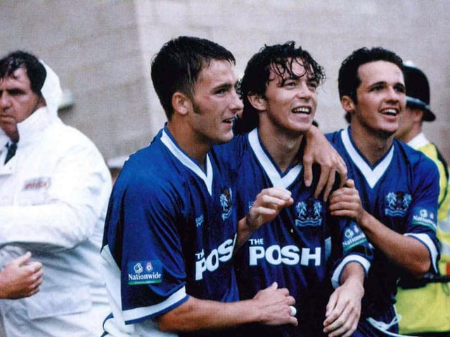 Simon Davies (centre) celebrates his winning goal at Northampton in 1999 with Adam Drury (left) and Matthew Etherington.