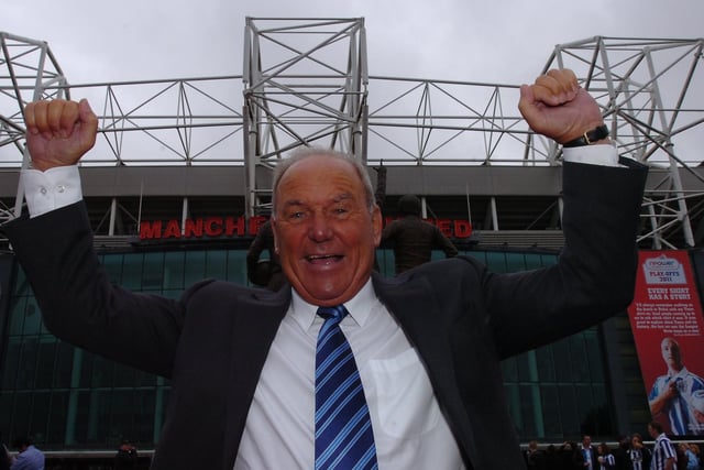 Tommy is pictured outside Old Trafford ahead of the 2011 League One play-off final. Posh beat Huddersfield 3-0.