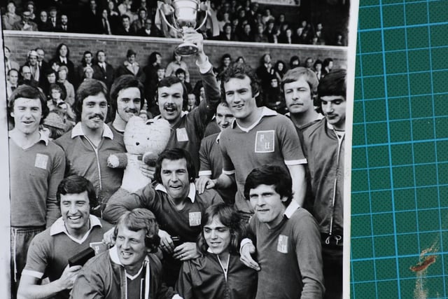 Tommy is the middle of this pic of the 1973-74 Posh Fourth Division title-winning side with the trophy. Tommy was voted player of the season in the last Posh team to win a title.