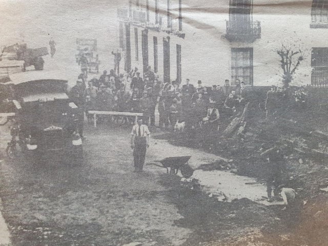 A bomber crater near the parish church, Leamington, October 1940, which caused considerable damage and one fatality.