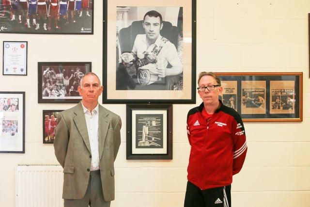 Kevin Aves, trainer for 17 years and neighbour to Alan Minter, and friend Peter Hopcraft at Crawley Amateur Boxing club before the funeral