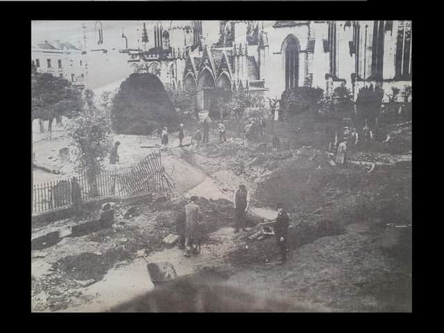A bomber crater near the parish church, Leamington, October 1940, which caused considerable damage and one fatality.
