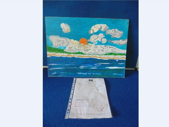 Oil painting on board by the infamous Reggie Kray 1997 with prisoner application provenance. Estimate £200-£400