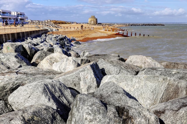 Heavy sea defences looking towards the Martello tower and Sovereign Harbour. Taken by David Ford with a Canon 6D II. SUS-201014-101838001