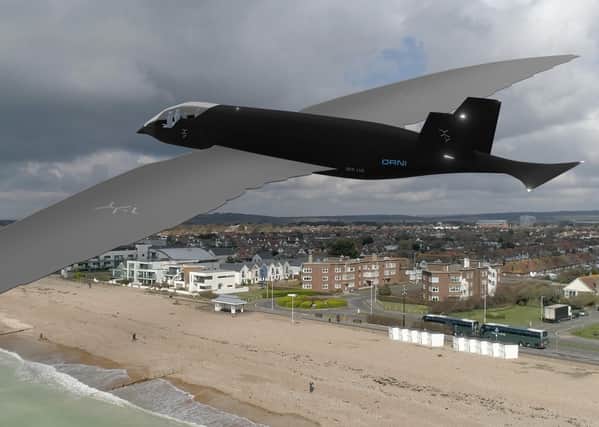 An artist's impression of an Orni cruising over the West Worthing seafront fully autonomously after dropping passengers off. Copyright © 2020 YAIR ENERGY LIMITED. All Rights Reserved.