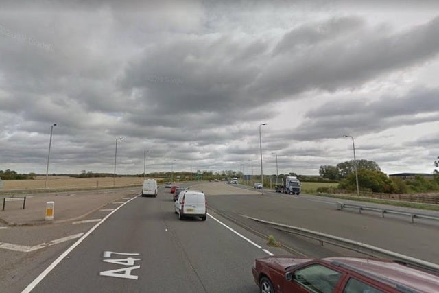 Eastbound carriageway between the A47/A15 Dogsthorpe/Paston Parkway Roundabout and the A47/A16 Welland Road Roundabout, including the exit and entry slip roads at Newborough Road. Photo: Google