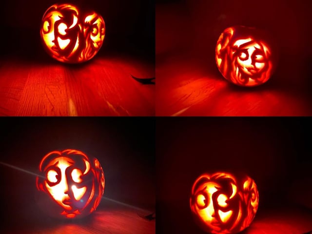 The daughter of the person who sent this in cleverly carved the main characters from Tim Burton's 'Corpse Bride' - amazing!