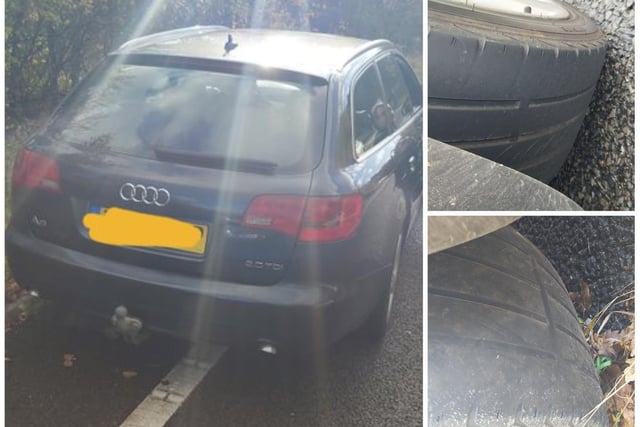 This Audi caught officers' eye doing 90mph-plus on the A14. Reported for speeding as well as two illegal rear tyres! Driver claimed he'd just brought the car for £700