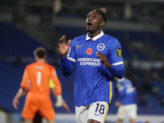 Brighton striker Danny Welbeck reacts after a near miss against Burnley