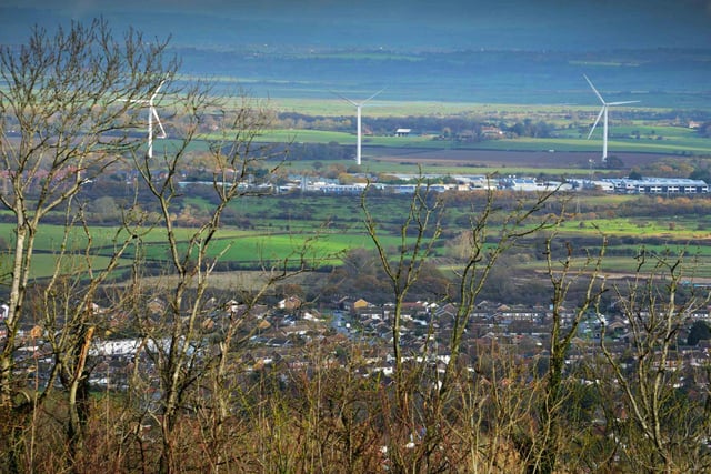 View from the top showing the wind farm in the distance, which is near to Polegate.