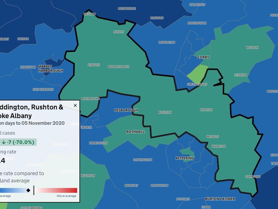 Geddington, Rushton & Stoke Albany — 3 new cases in seven days to November 5