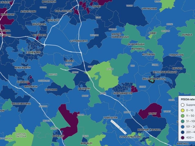 Purple areas show where most positive tests have been reported in the last week