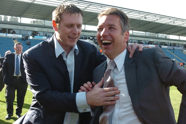 April, 2009, Colchester 0, Posh 1, League One. Charlie Lee's goal seals second place, a second promotion in a row and a place in the Championship for the first time in 15 years. Chairman Darragh MacAnthony is pictured celebrating with Ferguson (right).