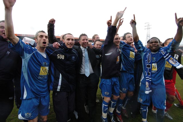 April, 2008, Hereford 0, Posh 1, League Two. A Dean Keates header secured promotion for Posh against one of their biggest rivals to seal a first promotion for young manager Darren Ferguson who is pictured celebrating after the game with his players.
