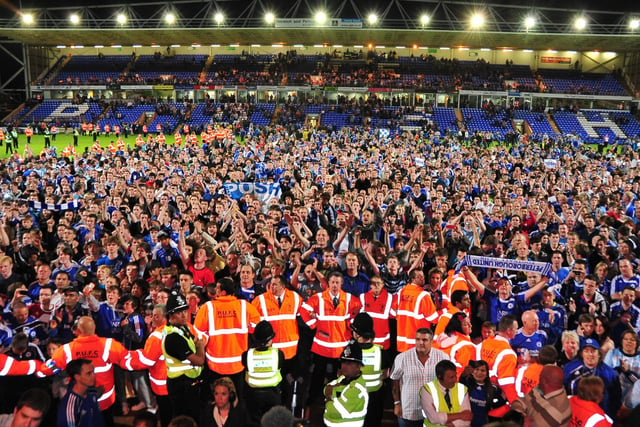 May 2011, Posh 2, MK Dons 0, League One play-off semi-final, second leg. Goals from Grant McCann and Mackail-Smith overturned a 3-2 deficit from the first leg and sent Posh to the final at Old Trafford. Posh fans are pctured after the MK Dons win.