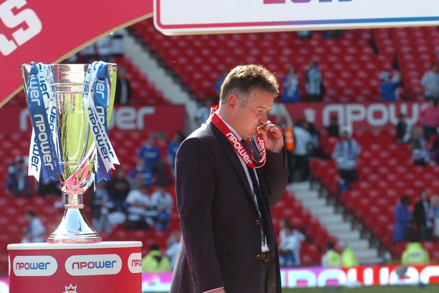 May, 2011, Posh 3, Huddersfield 0, League One play-off final. Three late goals from Tommy Rowe, Mackail-Smith and McCann confirmed an immediate return to the Championship in style. Ferguson is pictured in reflective mood after the match at Old Trafford.