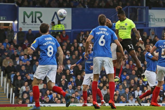 April, 2019. Portsmouth 2, Posh 3, League One. There was so much riding on this game for both sides and they produced a superb contest. Tomlin and Ivan Toney had Posh 2-0 up, Pompey fought back to 2-2 before Toney claimed the winning goal to keep play-off hopes alive. Toney is pictured heading his first goal.