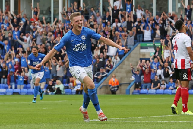 August 2019, Posh 3 Sunderland 0, League One. Posh laid down an early promotion marker last season by demolishing Sunderland with two goals from Marcus Maddison and one from Josh Knight. Knight is pictured celebrating his goal.
