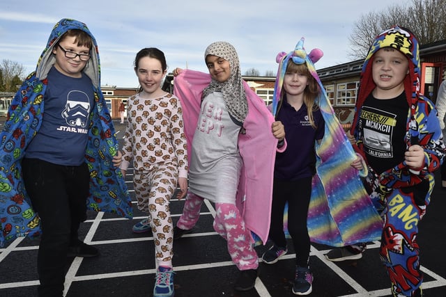 Pupils from Dogsthorpe Academy in their pyjamas.