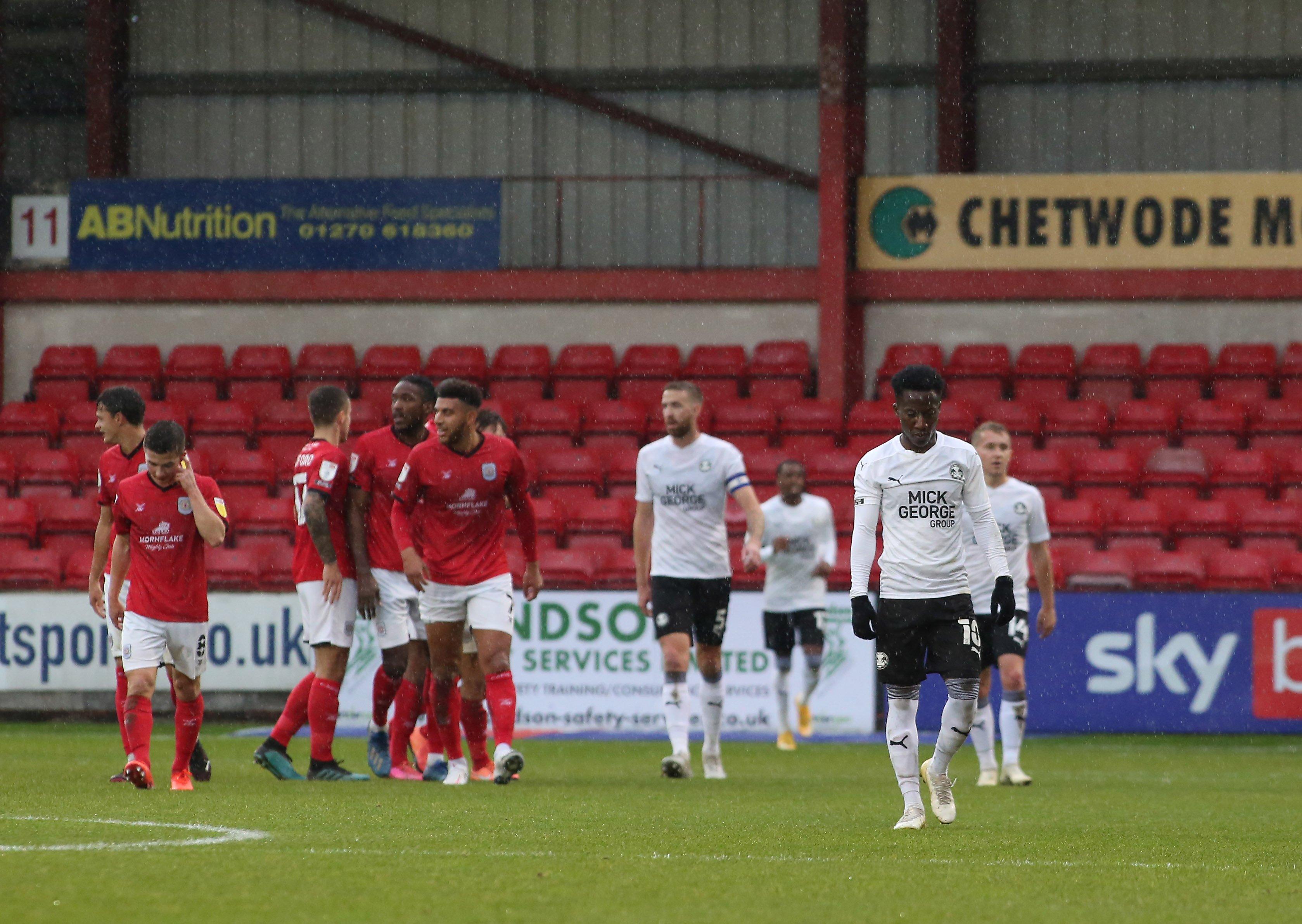 Siriki Dembele of Peterborough United cuts a dejected figure as Crewe Alexandra celebrate scoring their opening goal of the game. Photo: Joe Dent/theposh.com.