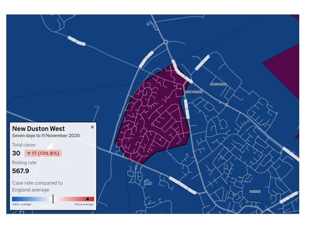 New Duston West — Total cases in week to November 11: 30 — Increase from previous week: 17 (130.8%) — Rolling rate 567.9 new positive tests per 100,000 population per week