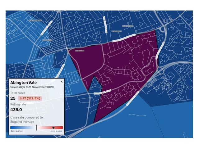 Abington Vale — Total cases: 25 — Increase from previous week: 17 (212.5%) — Rolling rate: 435.0