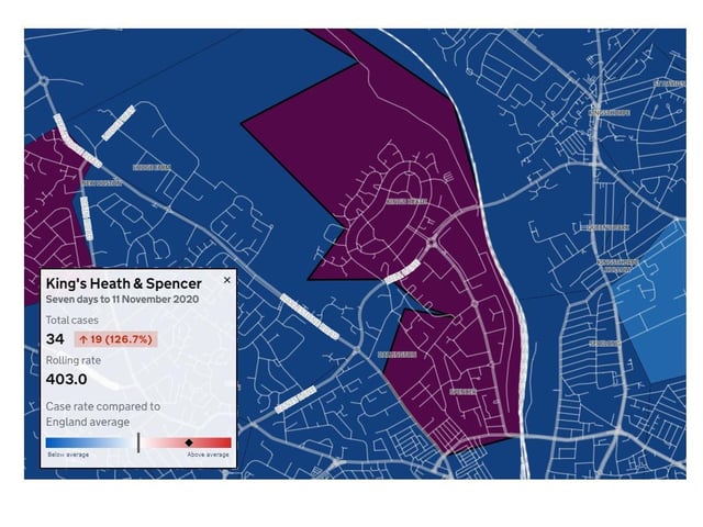 King's Heath & Spencer — Total cases: 34 — Increase from previous week: 19 (126.7%) — Rolling rate: 403.0