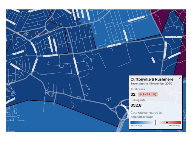 Cliftonville & Rushmere — Total cases: 32 — Increase from previous week: 9 (39.1%) — Rolling rate: 352.8