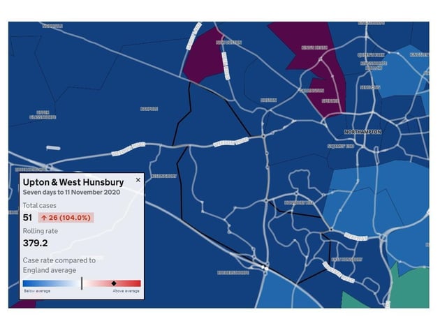 Upton & West Hunsbury — Total cases: 51 — Increase from previous week: 26 (104.0%) — Rolling rate: 379.2