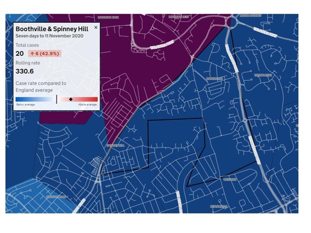 Boothville & Spinney Hill — Total cases: 20. Increase from previous week: 6 (42.9%). Rolling rate: 330.6