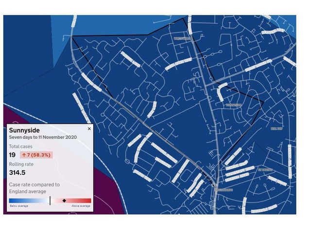 Sunnyside — Total cases: 19 — Increase from previous week: 7 (58.3%) — Rolling rate 314.5