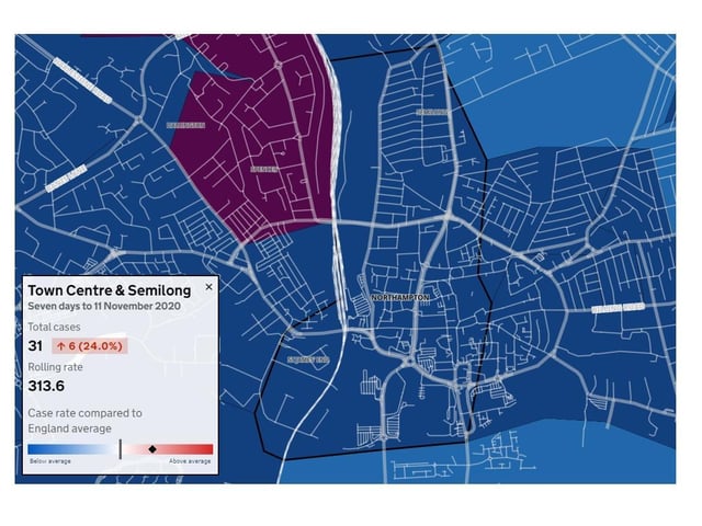 Town Centre & Semilong — Total cases: 31 — Increase from previous week: 6 (24.0%) — Rolling rate: 313.6