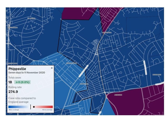 Phippsville — Total cases: 18 — Increase from previous week: 0 (0.0%) — Rolling rate: 274.9