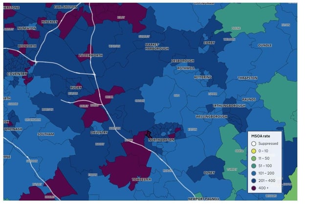 How Northamptonshire's Covid map looks two weeks into the national lockdown. Purple areas are those with the highest number of positive tests in the last week — the lighter blue and green areas are the lowest