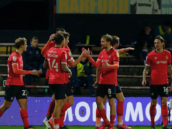 Luton celebrate Luke Berry's opening goal against Blackburn Rovers