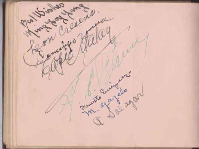 Gladys Brown's autograph book featuring signatures from the world of music hall and film in the 1930s, including Billy Cotton
