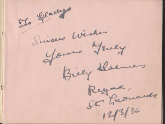 Gladys Brown's autograph book featuring signatures from the world of music hall and film in the 1930s, including Billy Cotton