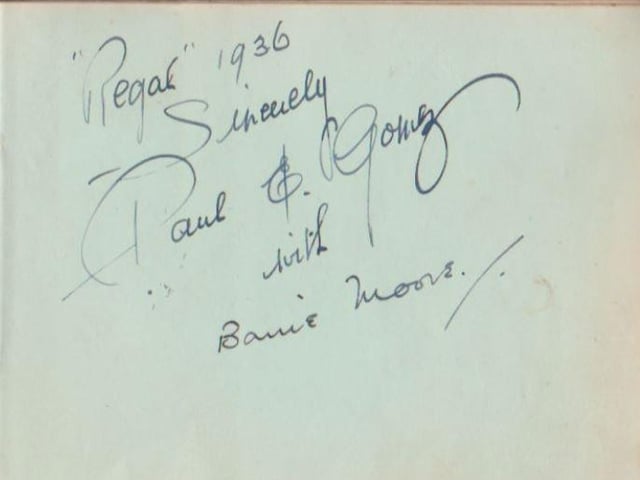 Gladys Brown's autograph book featuring signatures from the world of music hall and film in the 1930s, including Billy Cotton