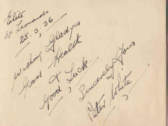 Gladys Brown's autograph book featuring signatures from the world of music hall and film in the 1930s, including Billy Cotton