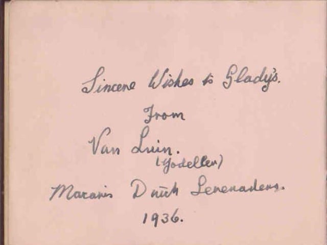 Gladys Brown's autograph book featuring signatures from the world of music hall and film in the 1930s, including Billy Cotton
