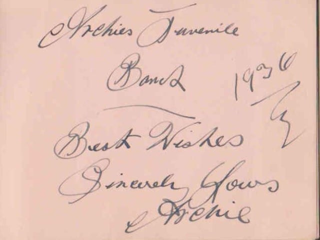 Gladys Brown's autograph book featuring signatures from the world of music hall and film in the 1930s, including Billy Cotton