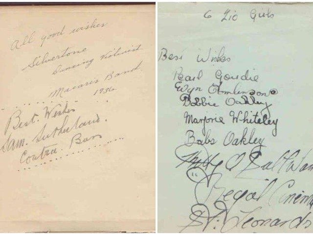Gladys Brown's autograph book featuring signatures from the world of music hall and film in the 1930s, including Billy Cotton