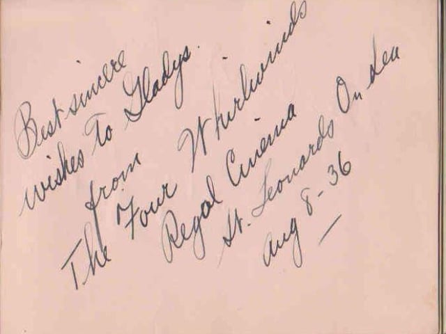 Gladys Brown's autograph book featuring signatures from the world of music hall and film in the 1930s, including Billy Cotton