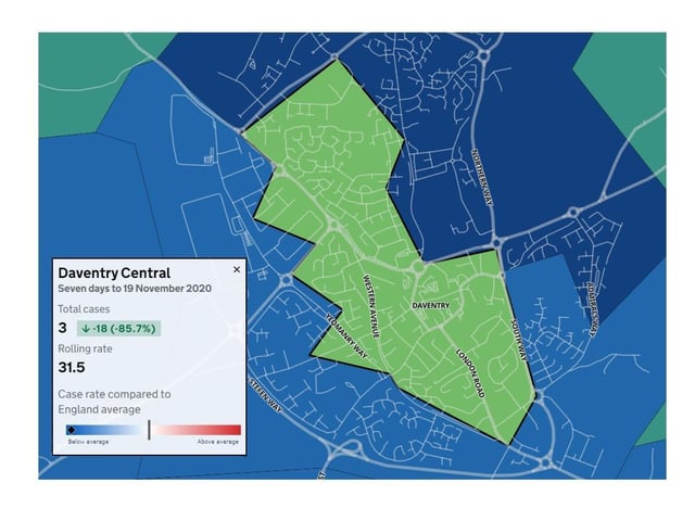 Daventry Central — 3 cases in week November 19 — Decreased from previous week 18 (85.7%) — Rolling rate 31.5 per 100,000 per week