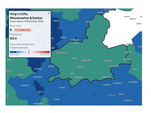 King's Cliffe, Woodnewton & Easton — 6 cases in week to November 19 — Increase from previous week 3 (100.0%) — Rolling rate 93.4