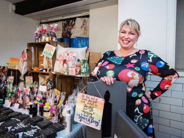 Becky Wood with her stall, Pebble Crafts.
