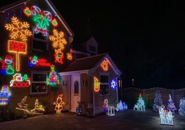 Jackie Shailer's house in Stilton has been decked out to raise money for the Magpas Air Ambulance, visit www.justgiving.com/fundraising/stiltonlights