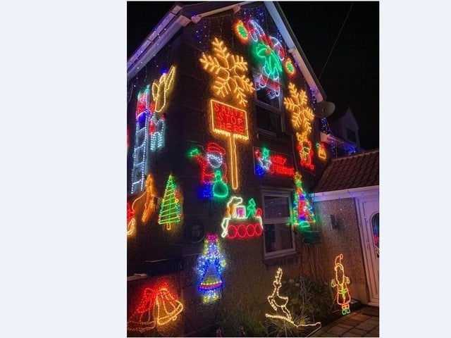 Jackie Shailer's house in Stilton has been decked out to raise money for the Magpas Air Ambulance, visit www.justgiving.com/fundraising/stiltonlights